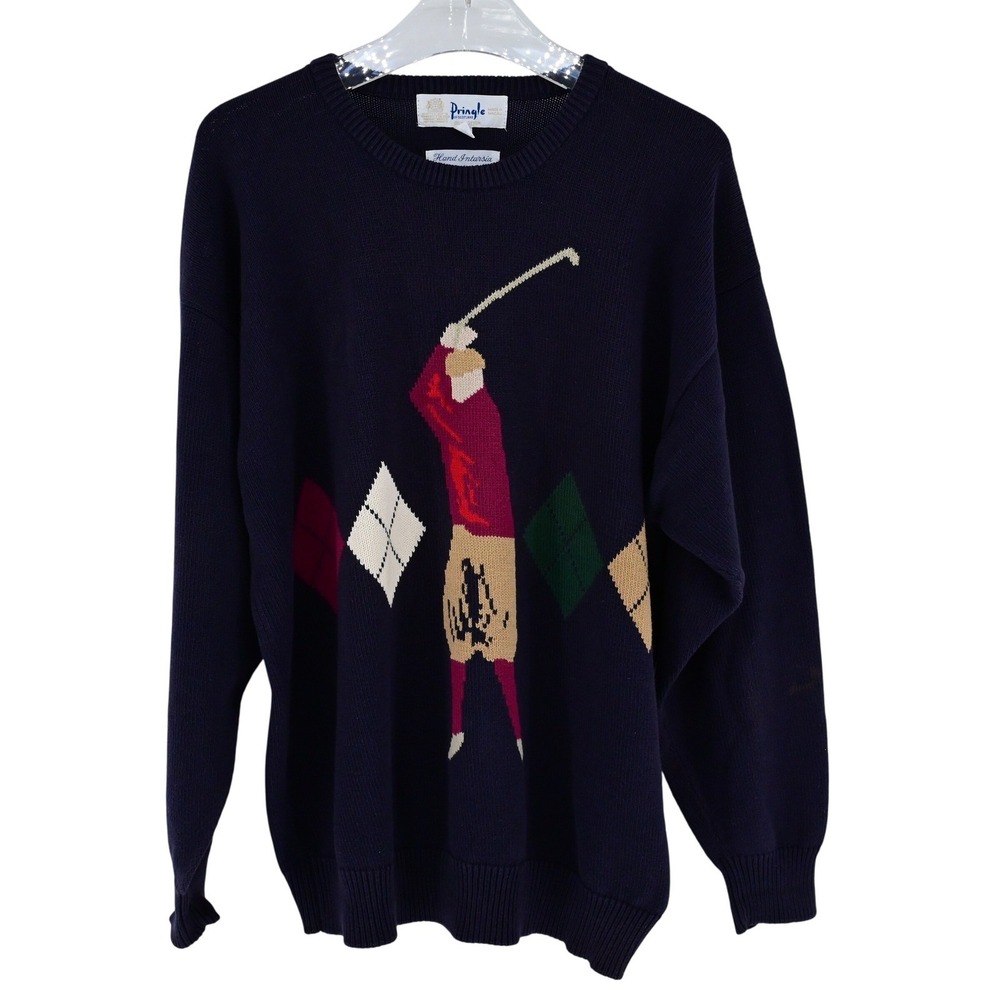 XL 100% Cotton Pringle of Scotland Men's Navy Golf Argyle Hand Intarsia Sweater
